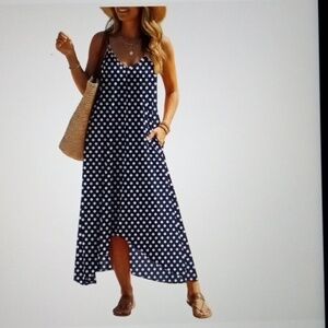 Lilbetter V-Neck Polka Dot Print Spaghetti adjustable Strap Maxi Dress Size Med.